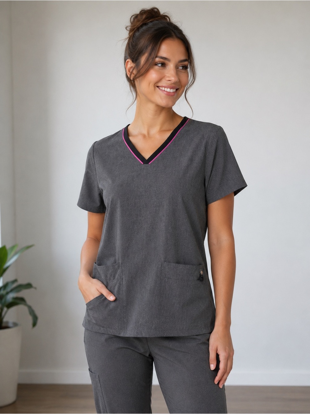 LYNX Womens Gray V-Neck Scrub Top Pockets Size XL
